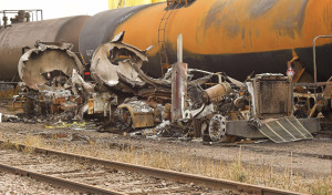 The remains of a semi-truck and tanker after it exploded and burned. The truck was taking on gasoline from a railroad tanker when the accident occured.